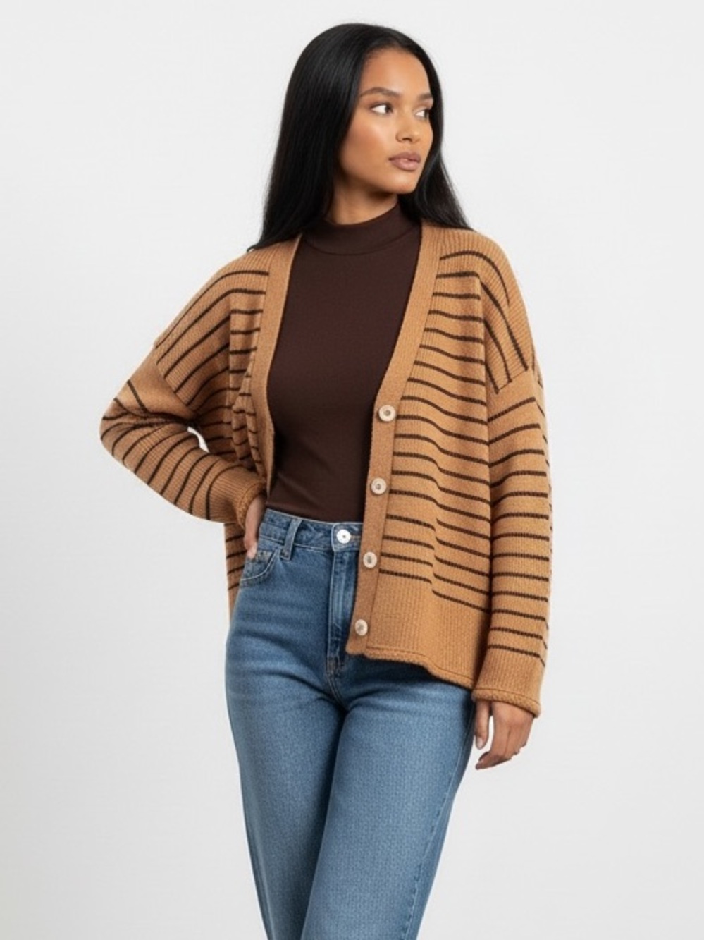 1635 • Classic Toffee & Black Stripe Cotton Blend Oversized V Neck Cardi